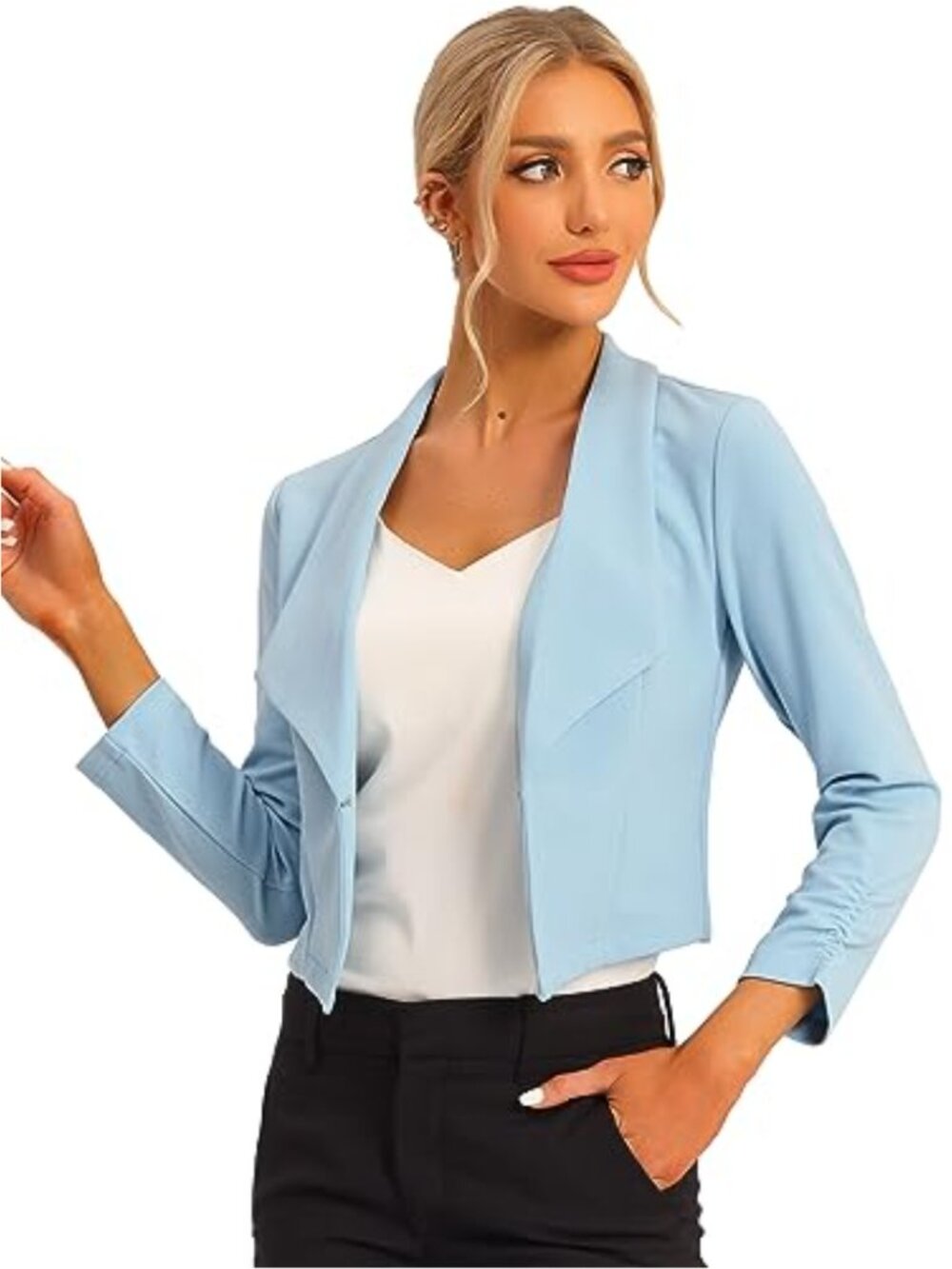 Lapel Ruched Sleeve Business Cropped Blazer